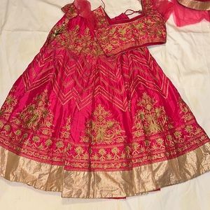 Hot pink and gold indian lengha (skirt, blouse, chuni)